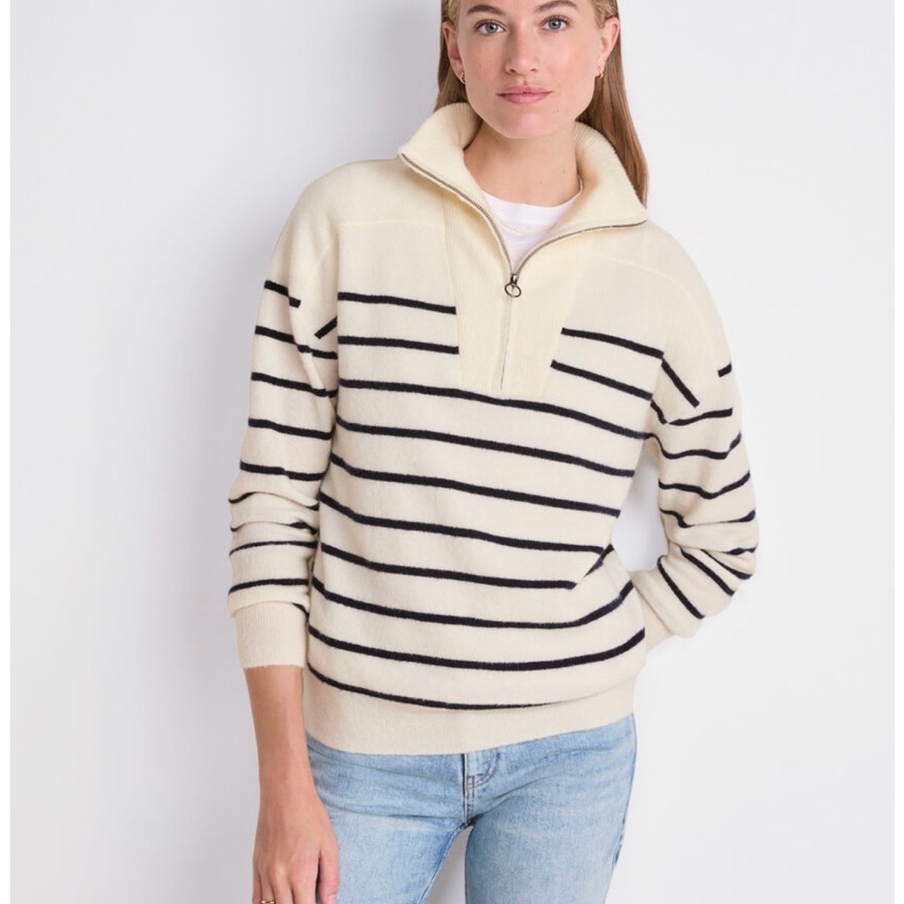 Tribeca Studio 100% Cashmere Cream and Navy Half-zip Sweater